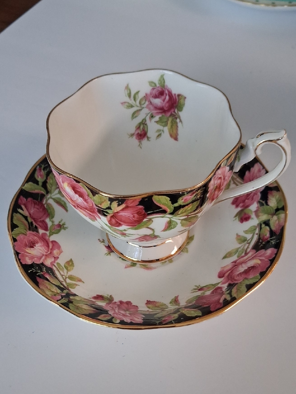 "Black Magic" Pink Rose Bone China Teacup and Saucer - Floral Tea Set